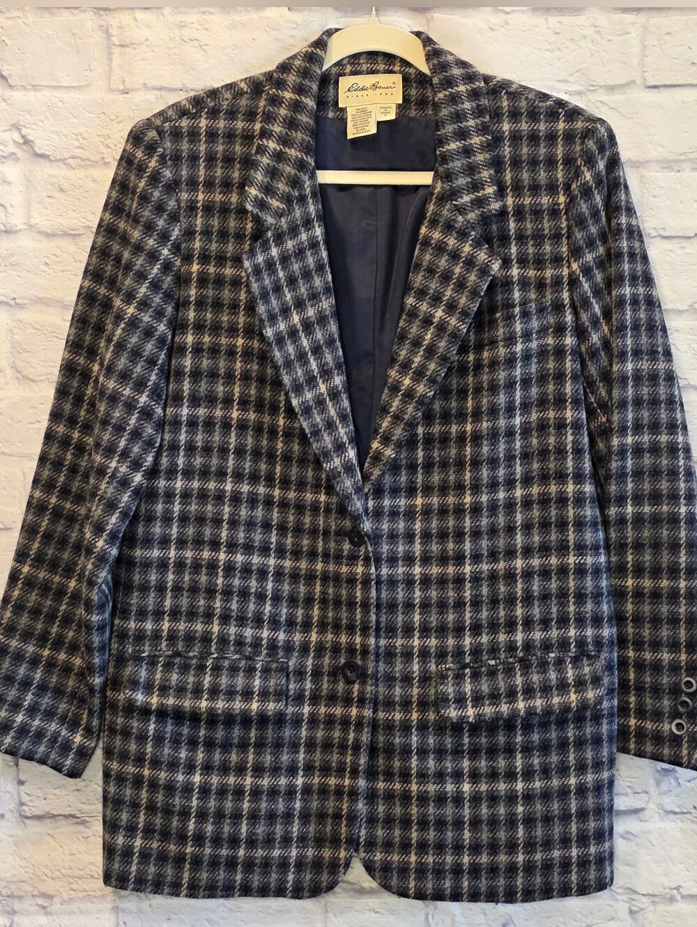 Eddie Bauer Vintage Oversized Plaid Wool Blazer Jacket Navy Beige Medium